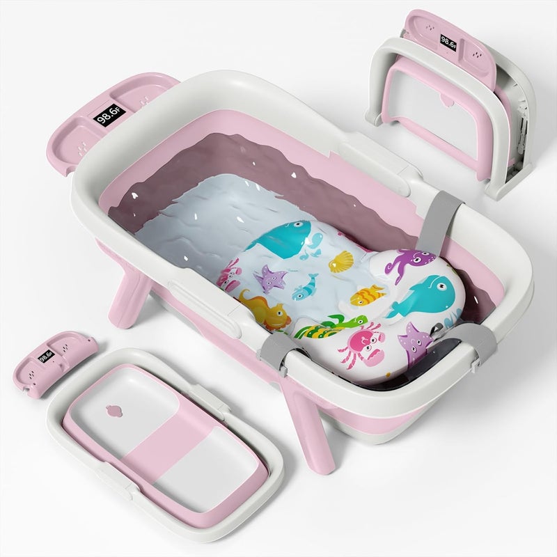 EverKiddo Collapsible Baby Bathtub, Laege Infant Bath Tub with Thermometer & Cute Soft Cushion for Newborn to 36-Month Toddlers, Storage and Non-Slip Feet Design, Baby Bath Gift (Pink) - Image 1